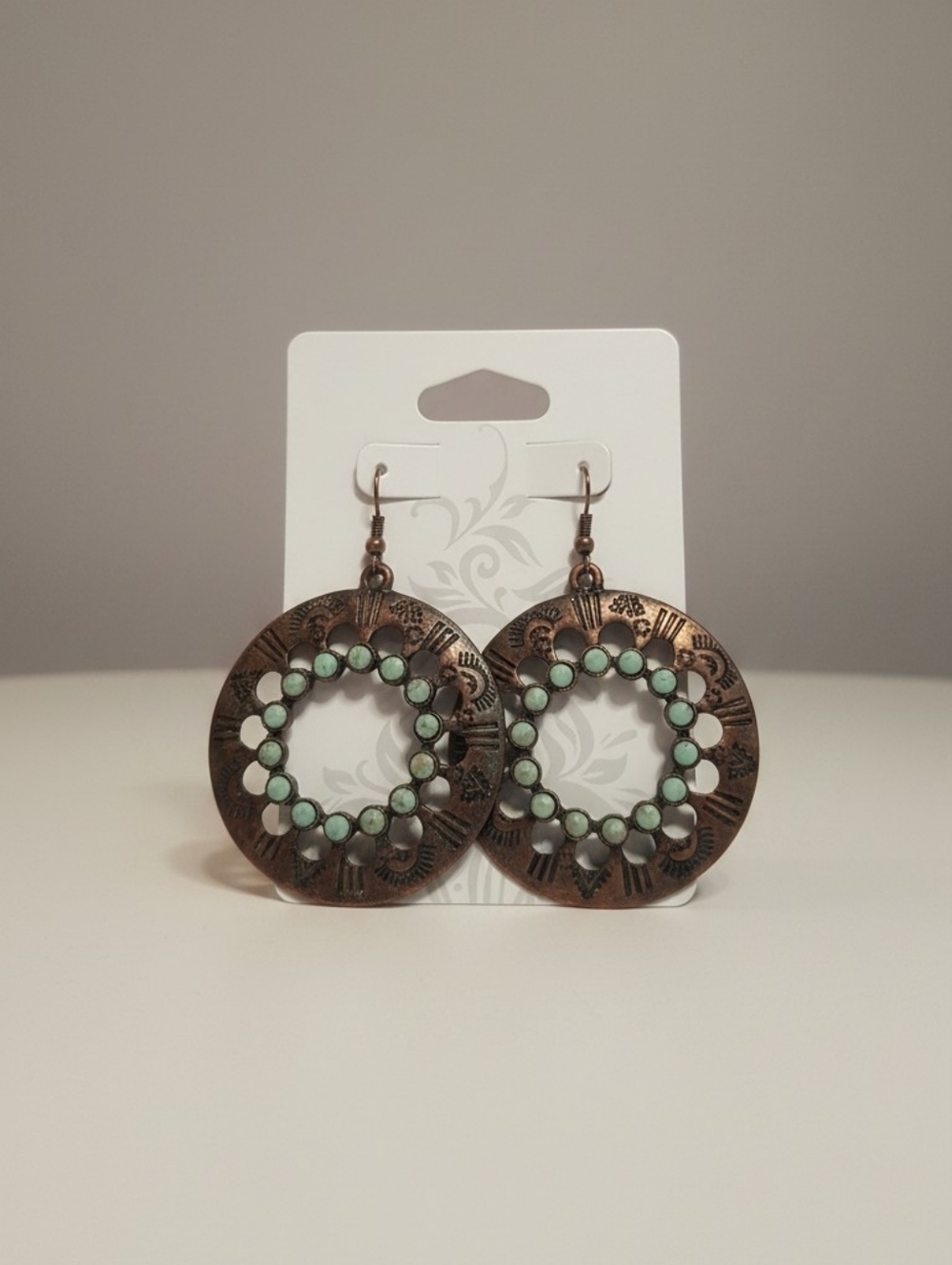 Vintage-Style Copper Circle Earrings with Mint Stones